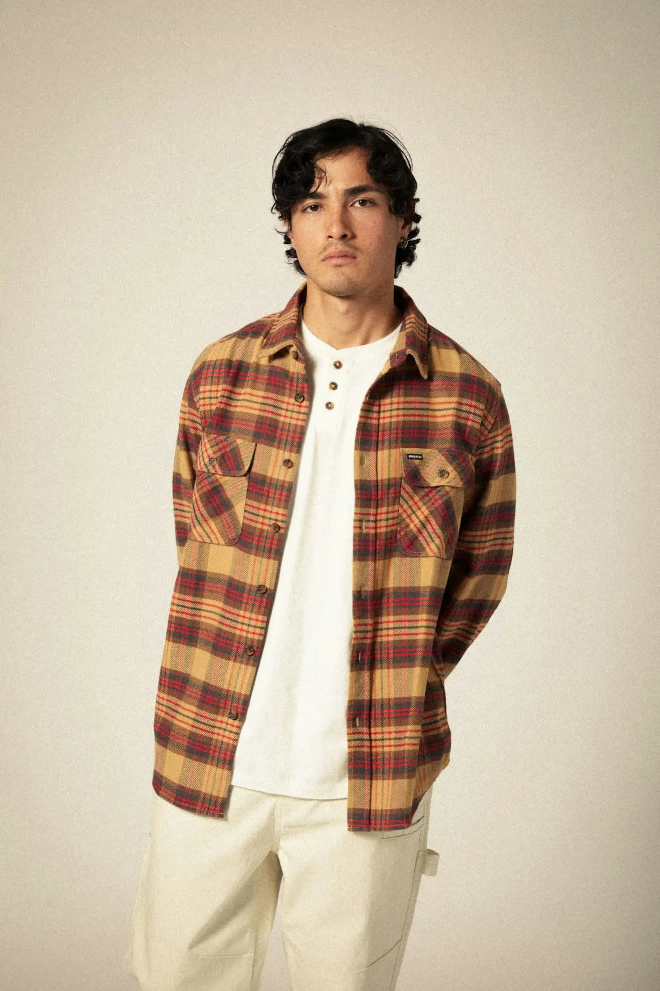 Bowery L/S Flannel - Curry/Washed Black/Crimson Brixton