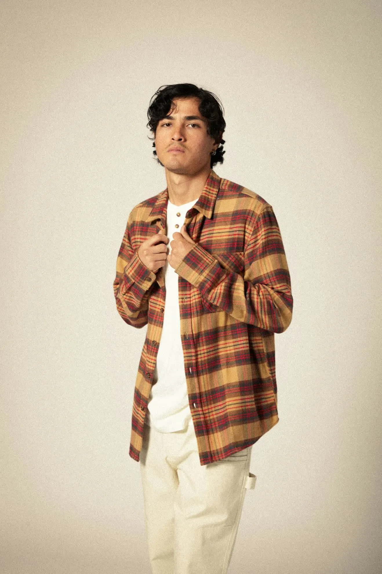 Bowery L/S Flannel - Curry/Washed Black/Crimson Brixton