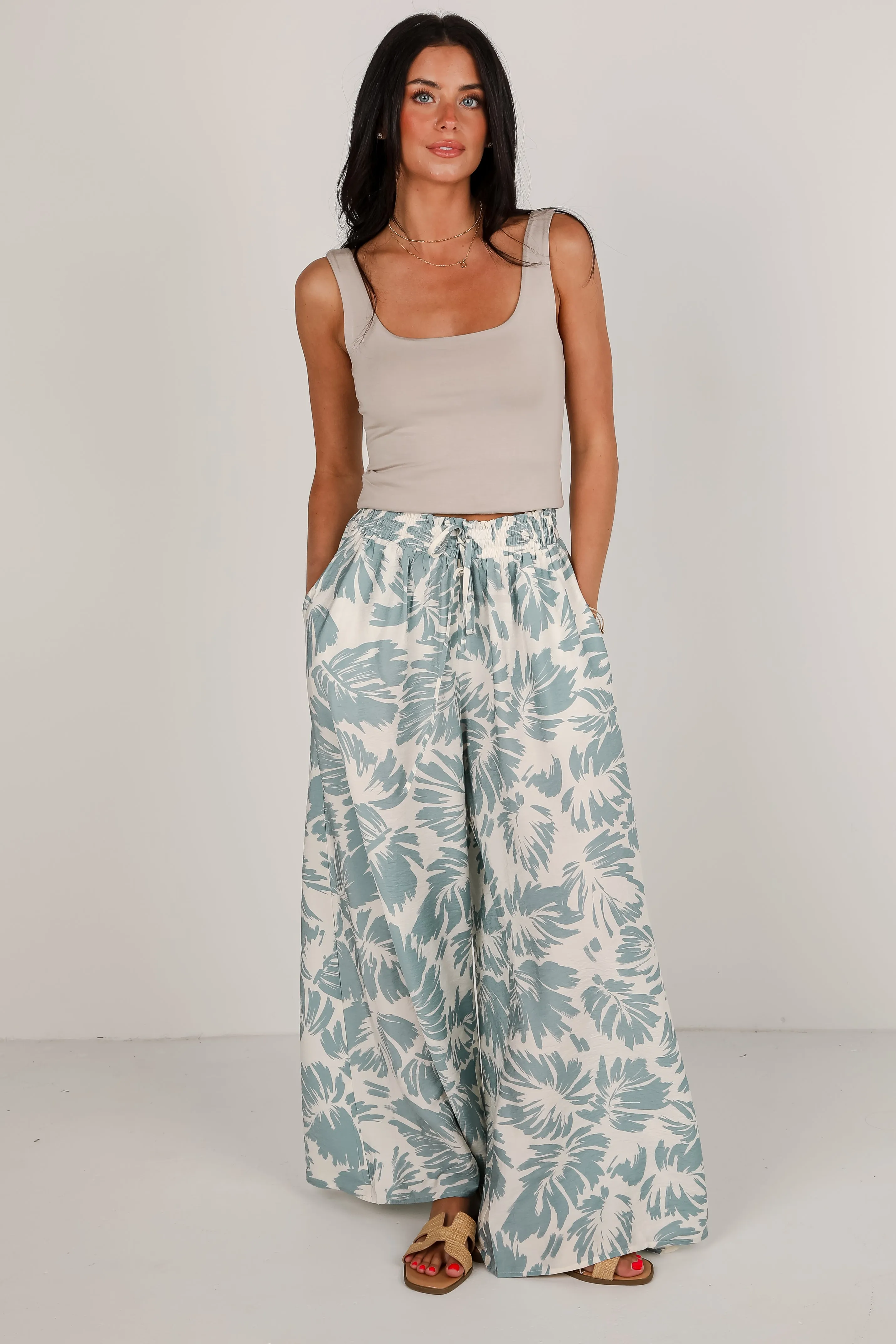 Coastal Days Sage Leaf Print Wide Leg Pants