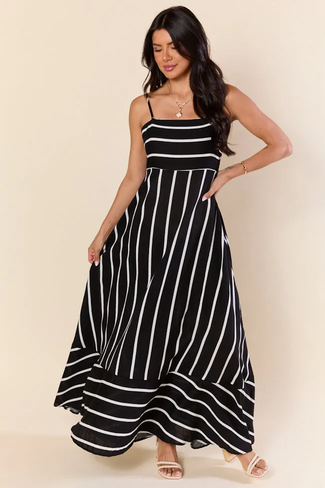 Come Sail Away Black and White Striped Maxi Dress