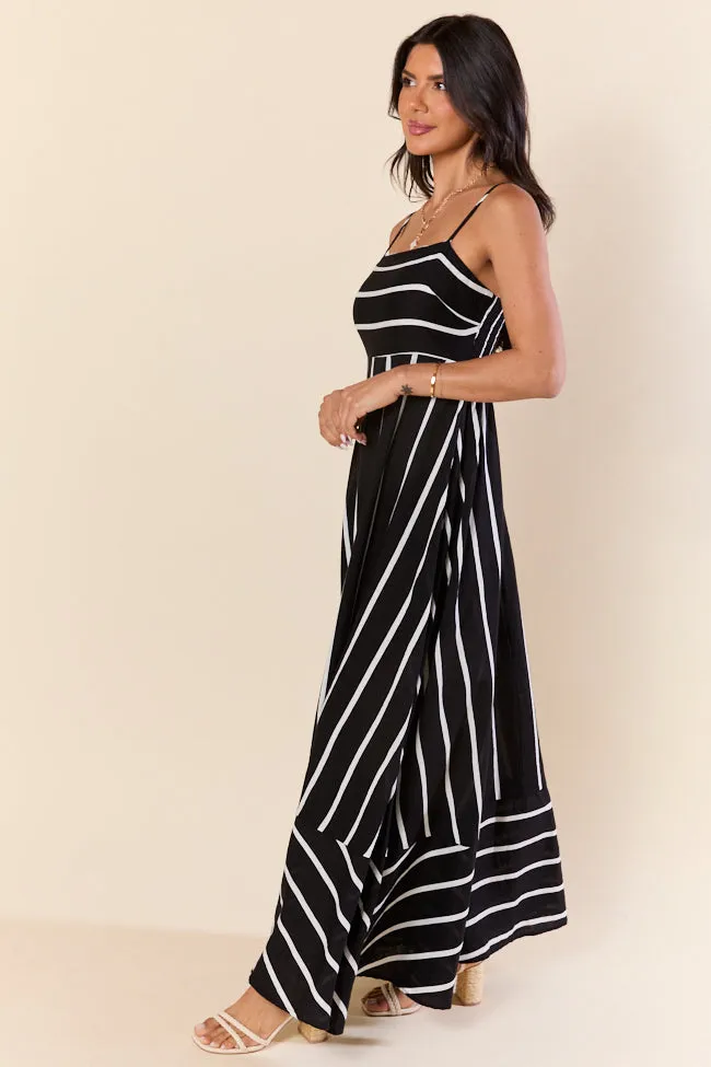 Come Sail Away Black and White Striped Maxi Dress