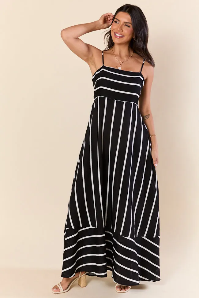 Come Sail Away Black and White Striped Maxi Dress
