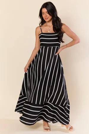 Come Sail Away Black and White Striped Maxi Dress