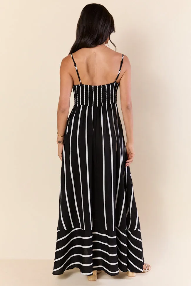 Come Sail Away Black and White Striped Maxi Dress