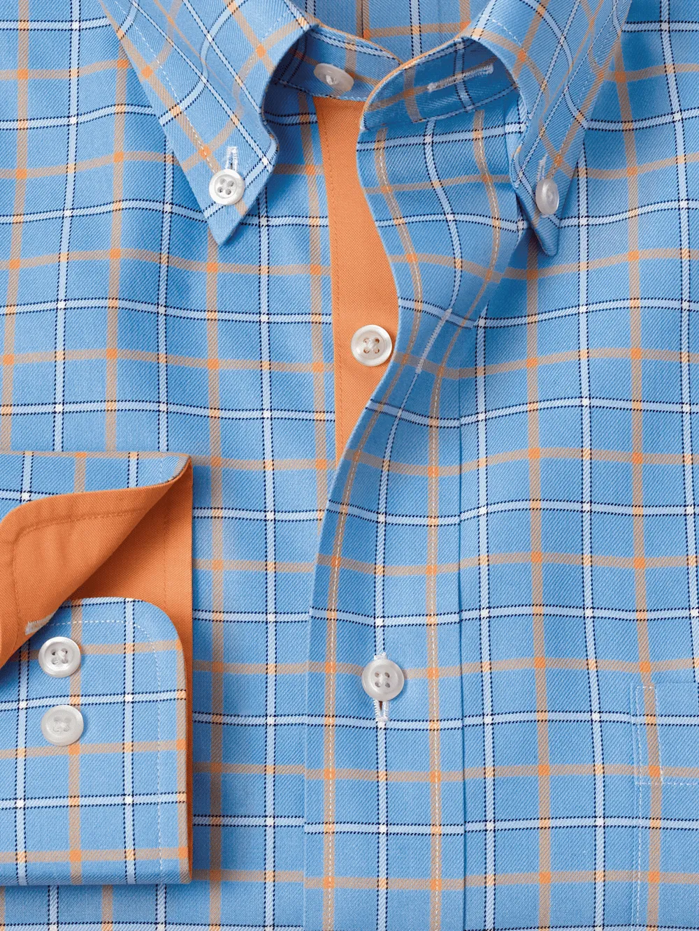 Comfort Stretch Non-Iron Check Dress Shirt With Contrast Trim - Blue/melon