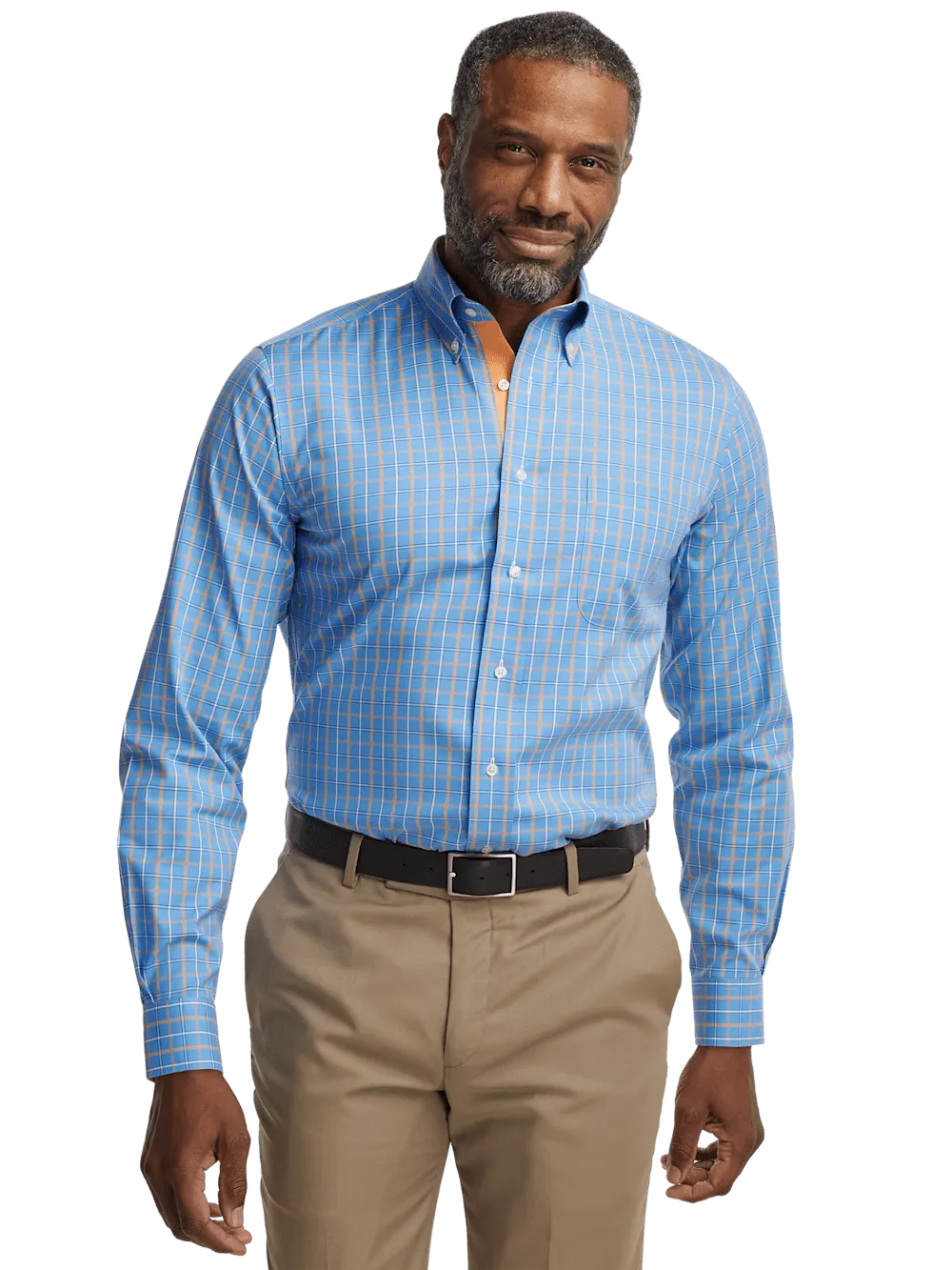Comfort Stretch Non-Iron Check Dress Shirt With Contrast Trim - Blue/melon
