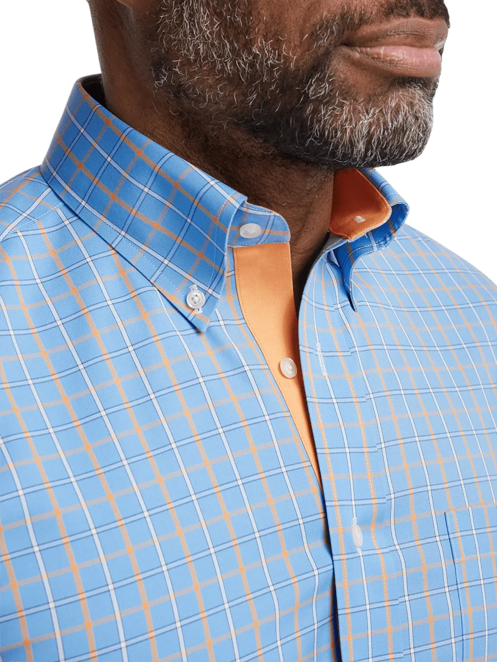 Comfort Stretch Non-Iron Check Dress Shirt With Contrast Trim - Blue/melon