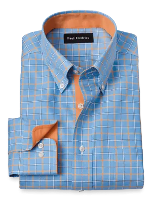 Comfort Stretch Non-Iron Check Dress Shirt With Contrast Trim - Blue/melon