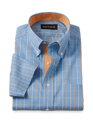 Comfort Stretch Non-Iron Check Dress Shirt With Contrast Trim - Blue/melon
