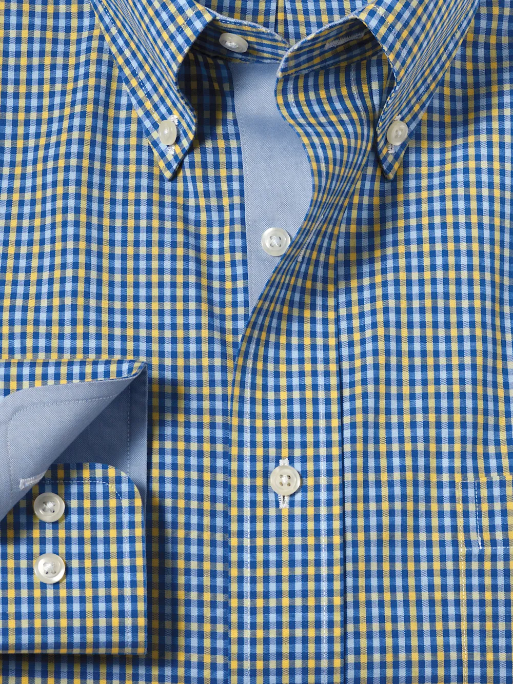 Comfort Stretch Non-Iron Check Dress Shirt With Contrast Trim - Blue/yellow