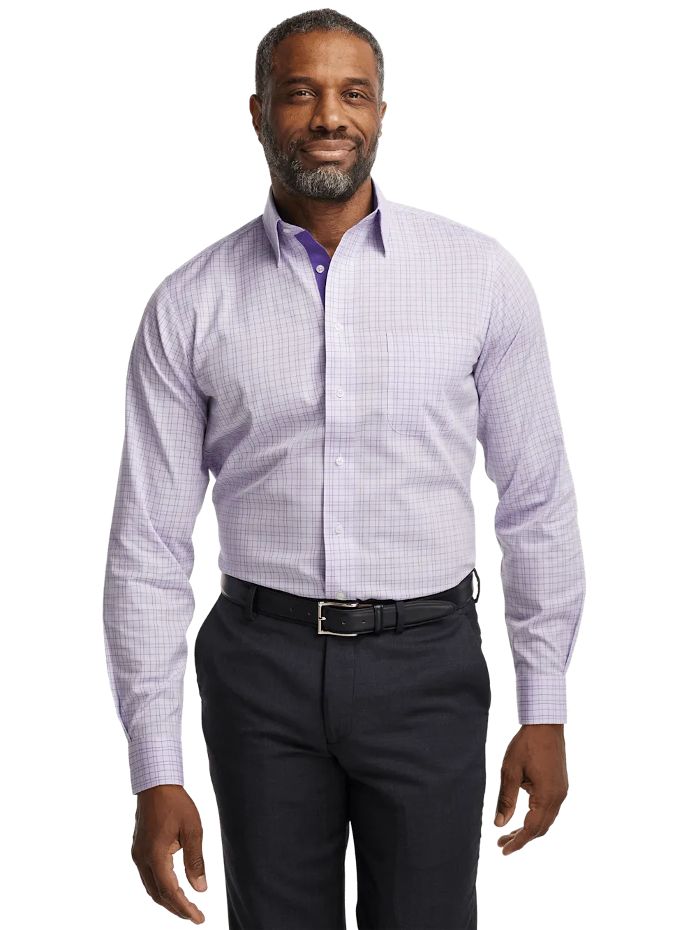 Comfort Stretch Non-Iron Check Dress Shirt With Contrast Trim - Purple