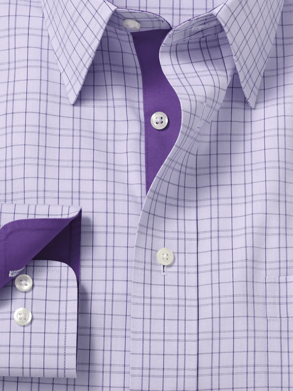 Comfort Stretch Non-Iron Check Dress Shirt With Contrast Trim - Purple
