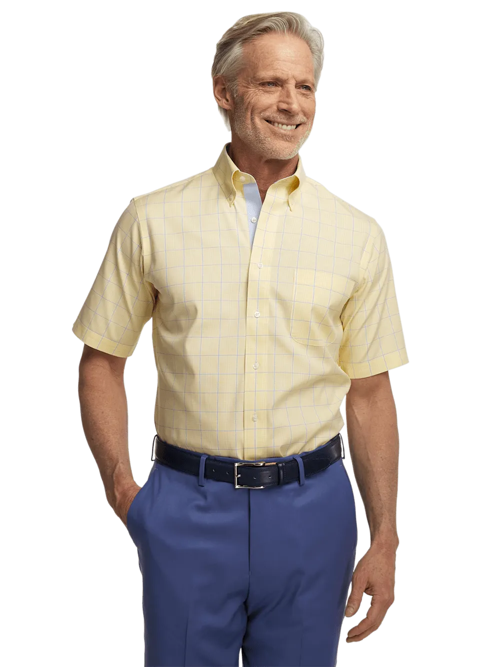 Comfort Stretch Non-Iron Check Dress Shirt With Contrast Trim - Yellow