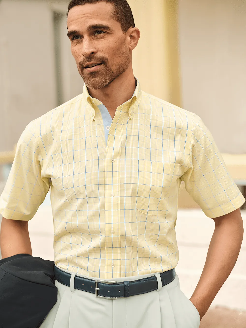 Comfort Stretch Non-Iron Check Dress Shirt With Contrast Trim - Yellow