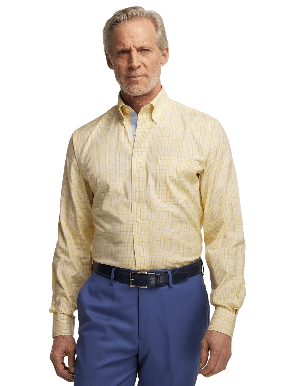 Comfort Stretch Non-Iron Check Dress Shirt With Contrast Trim - Yellow