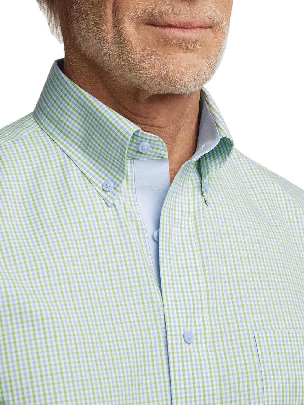 Comfort Stretch Non-Iron Gingham Dress Shirt With Contrast Trim - Blue/green