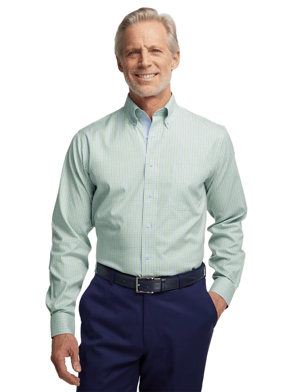 Comfort Stretch Non-Iron Gingham Dress Shirt With Contrast Trim - Blue/green