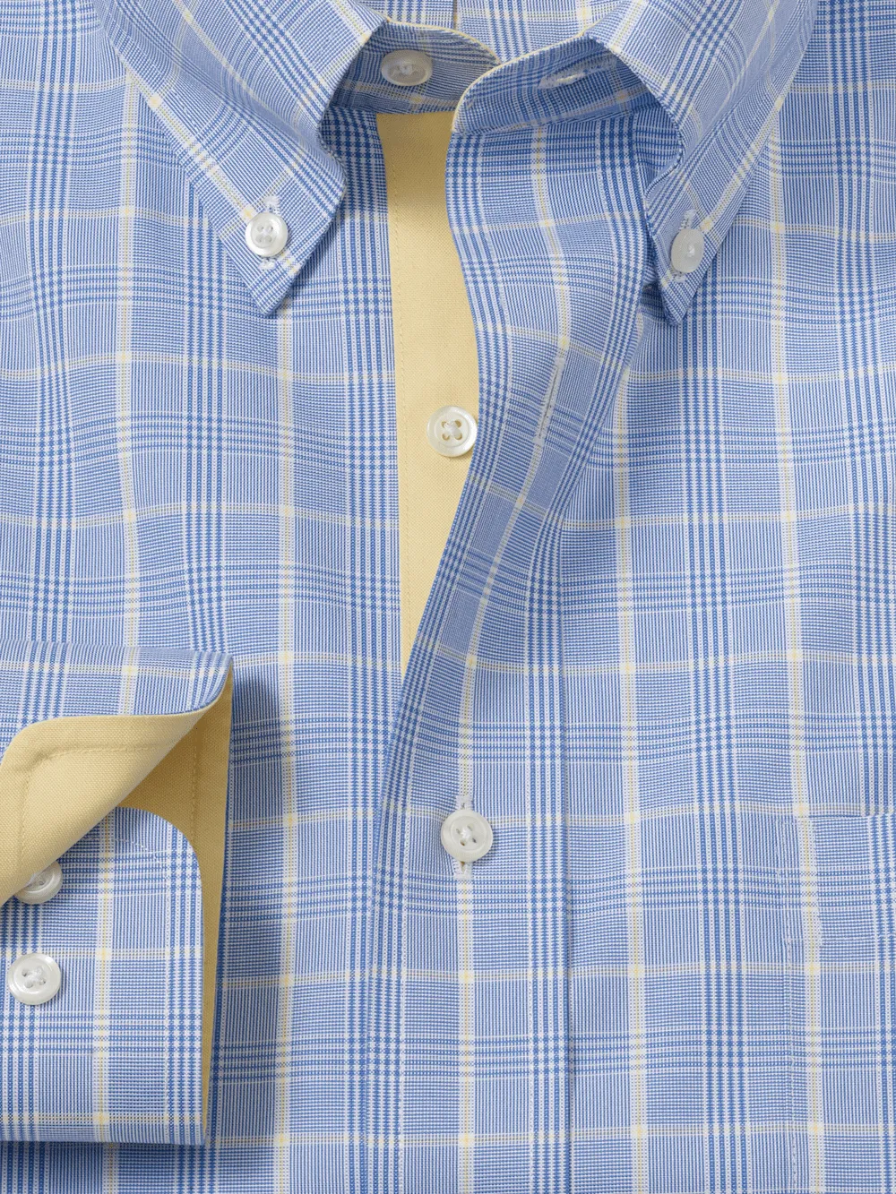 Comfort Stretch Non-Iron Glen Plaid Dress Shirt With Contrast Trim - Blue