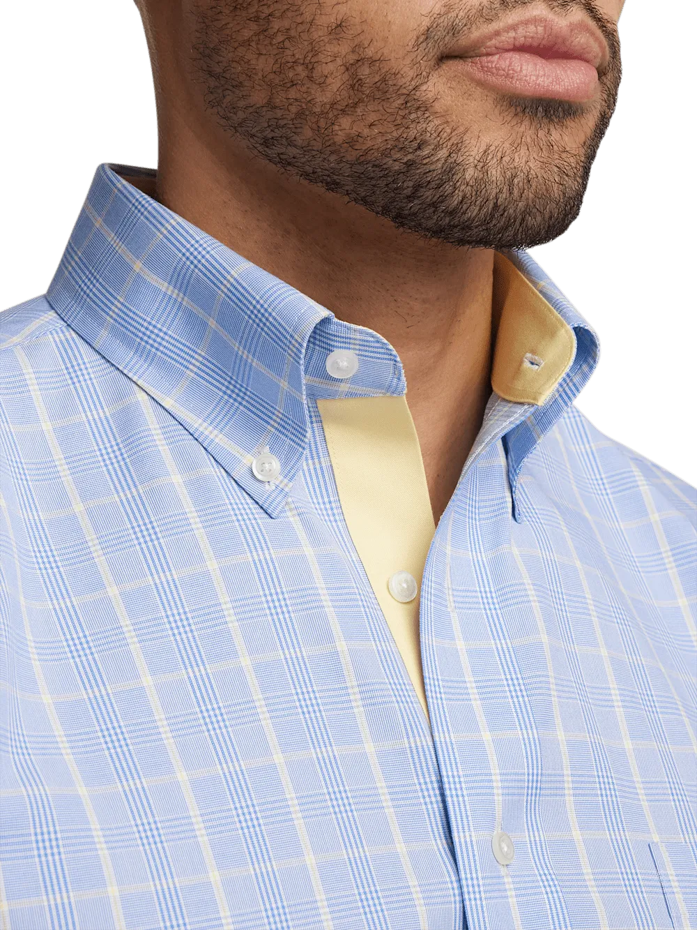 Comfort Stretch Non-Iron Glen Plaid Dress Shirt With Contrast Trim - Blue