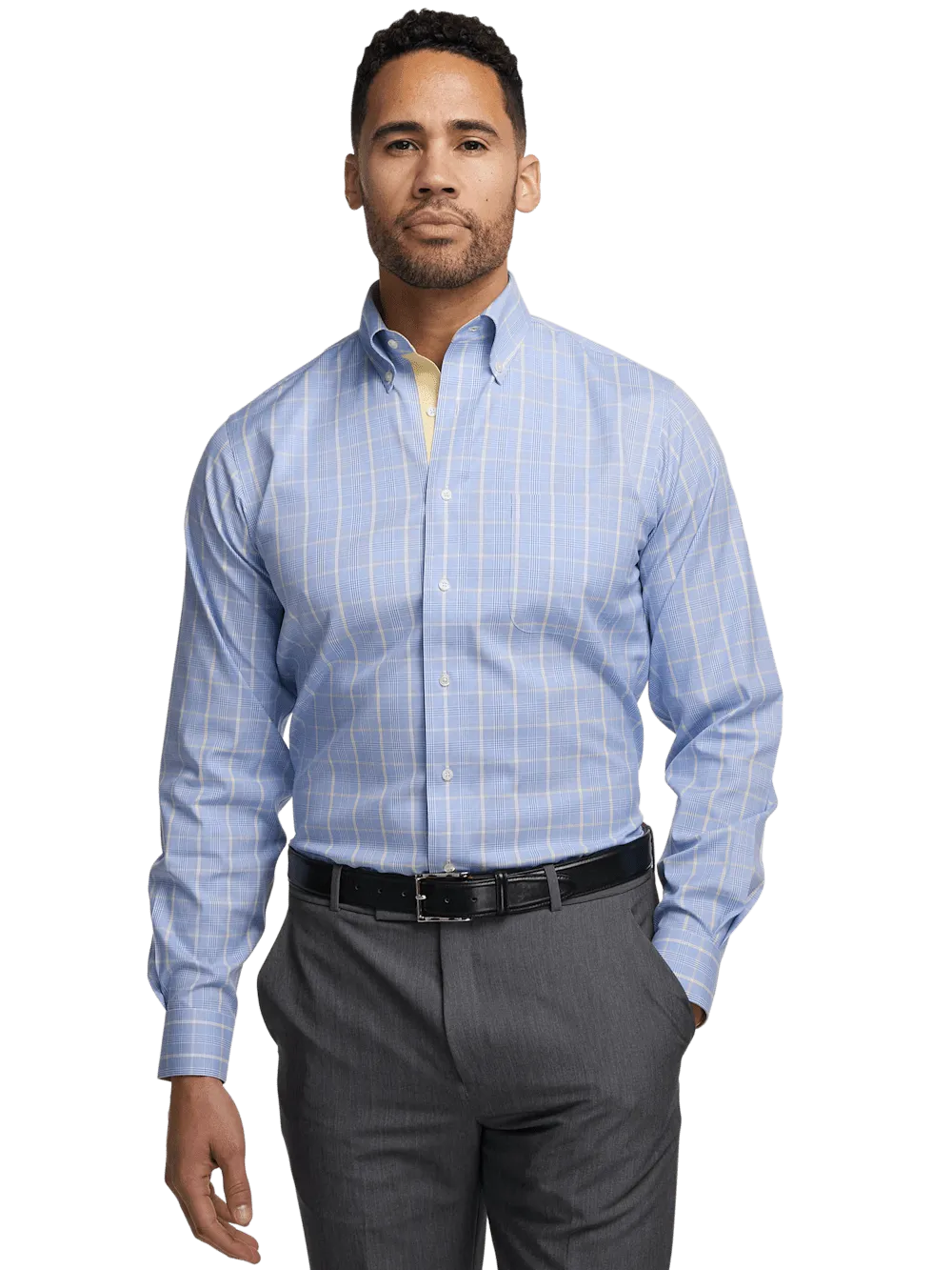 Comfort Stretch Non-Iron Glen Plaid Dress Shirt With Contrast Trim - Blue