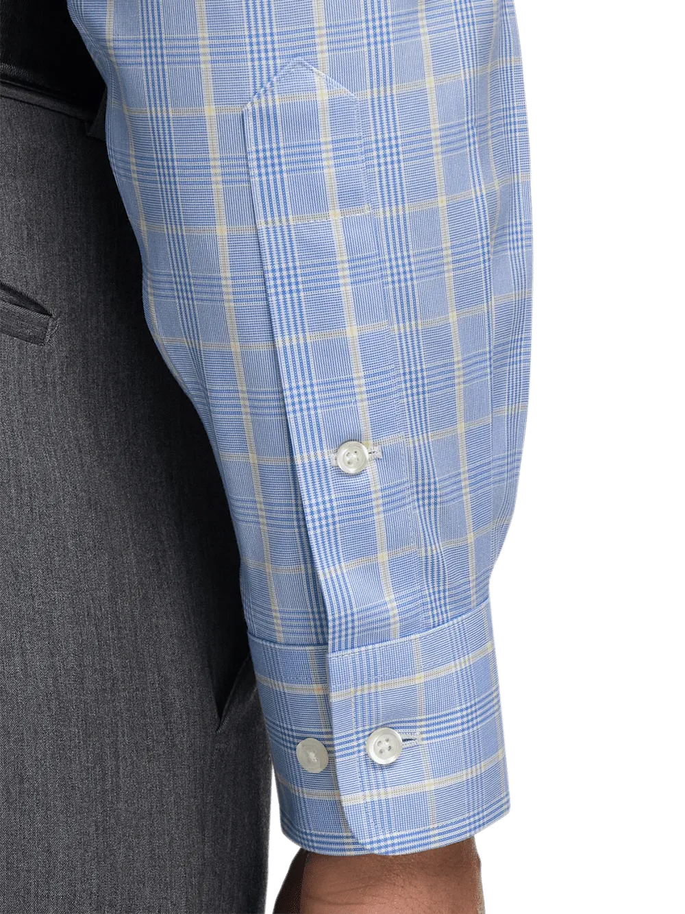Comfort Stretch Non-Iron Glen Plaid Dress Shirt With Contrast Trim - Blue