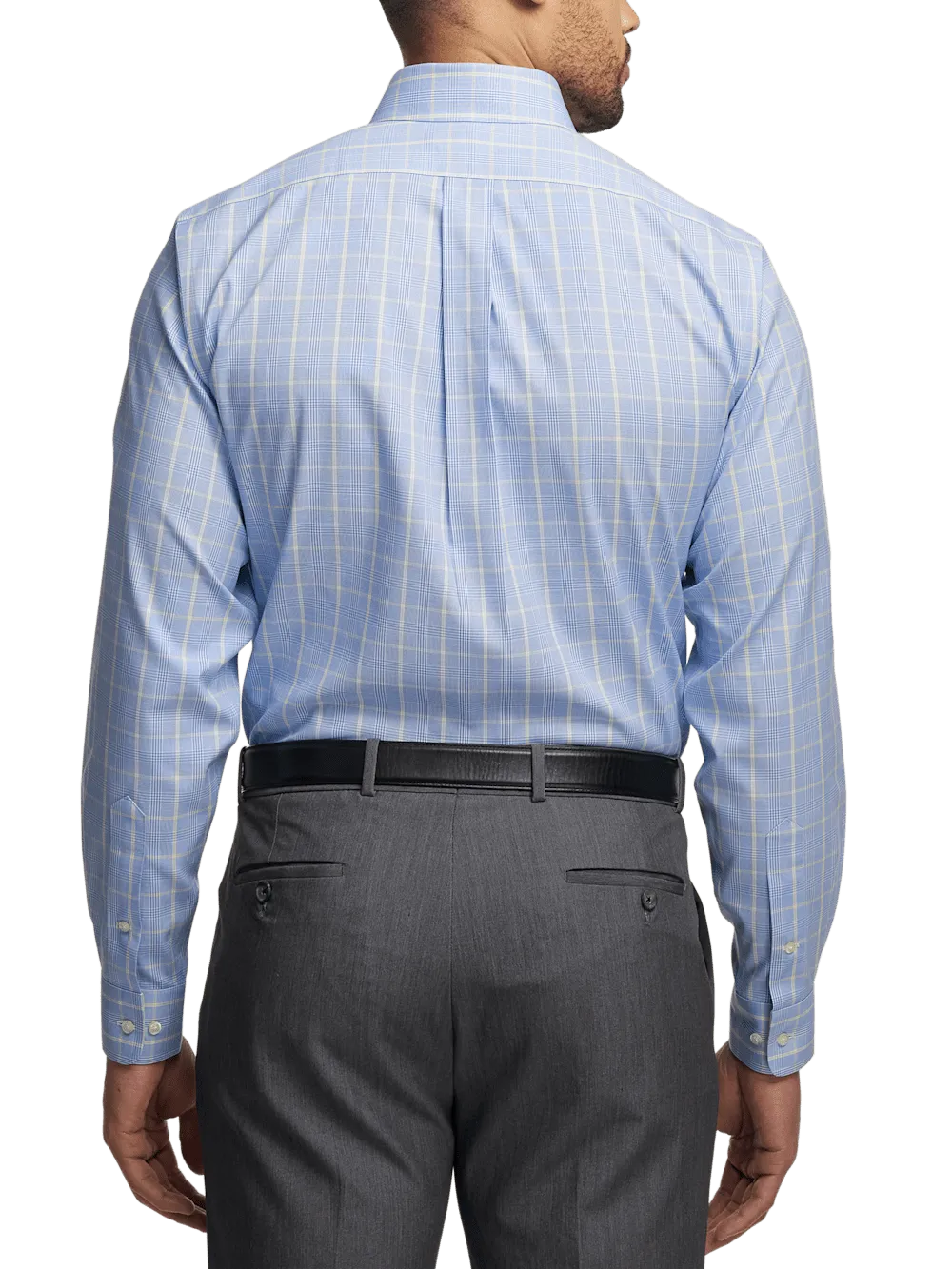 Comfort Stretch Non-Iron Glen Plaid Dress Shirt With Contrast Trim - Blue