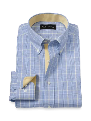 Comfort Stretch Non-Iron Glen Plaid Dress Shirt With Contrast Trim - Blue