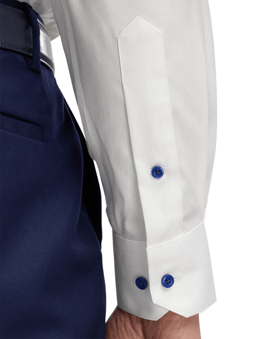 Comfort Stretch Non-Iron Herringbone Dress Shirt - White/cobalt