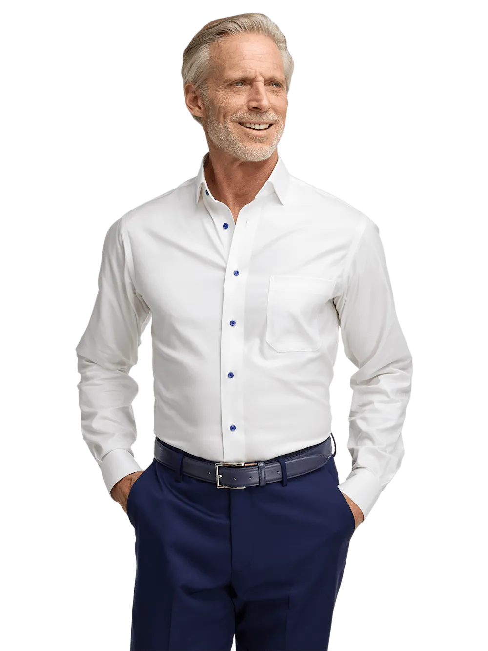 Comfort Stretch Non-Iron Herringbone Dress Shirt - White/cobalt