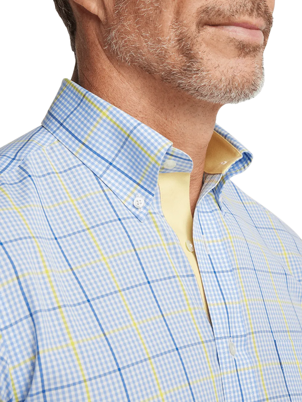 Comfort Stretch Non-Iron Plaid Dress Shirt With Contrast Trim - Blue/yellow