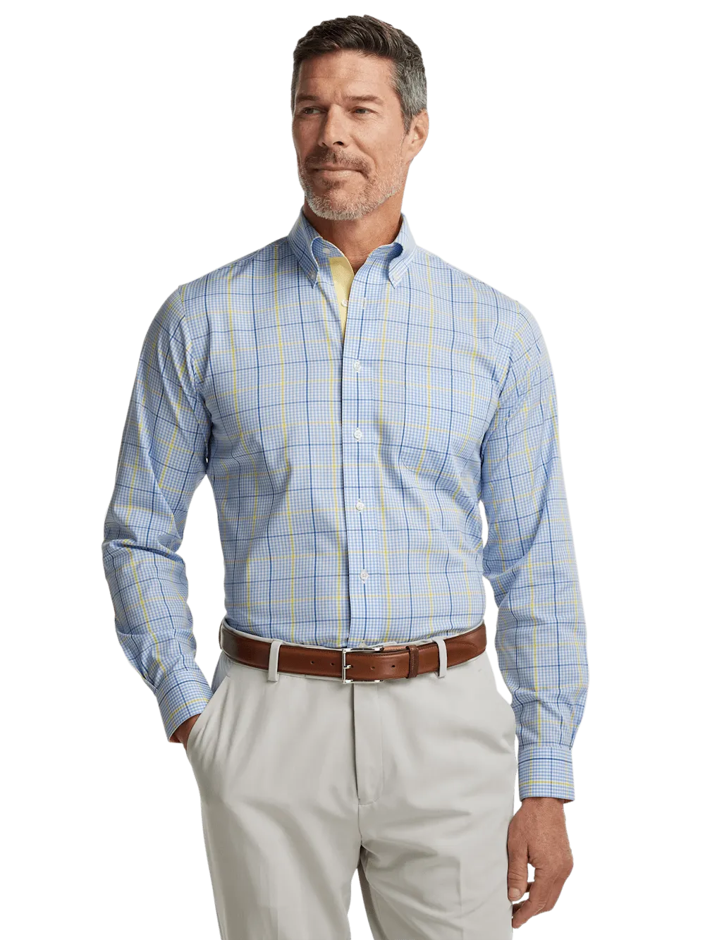 Comfort Stretch Non-Iron Plaid Dress Shirt With Contrast Trim - Blue/yellow