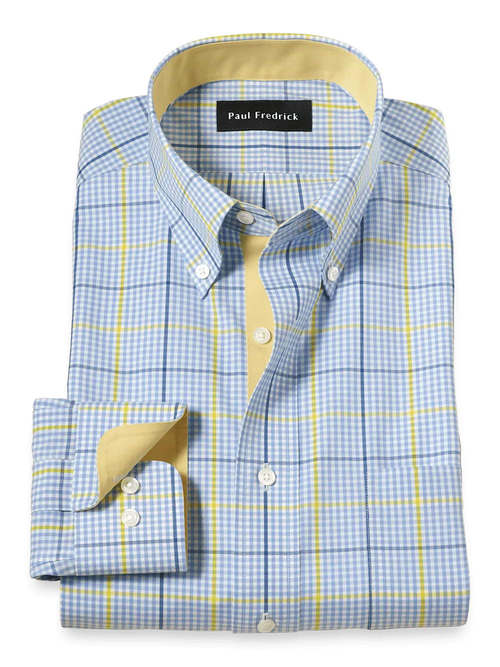 Comfort Stretch Non-Iron Plaid Dress Shirt With Contrast Trim - Blue/yellow