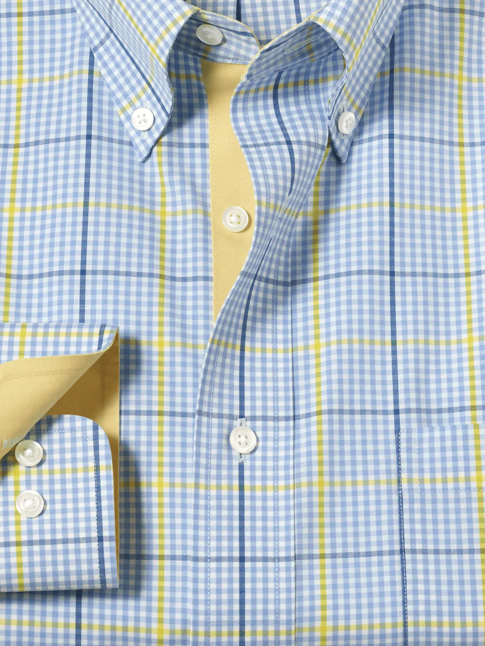 Comfort Stretch Non-Iron Plaid Dress Shirt With Contrast Trim - Blue/yellow