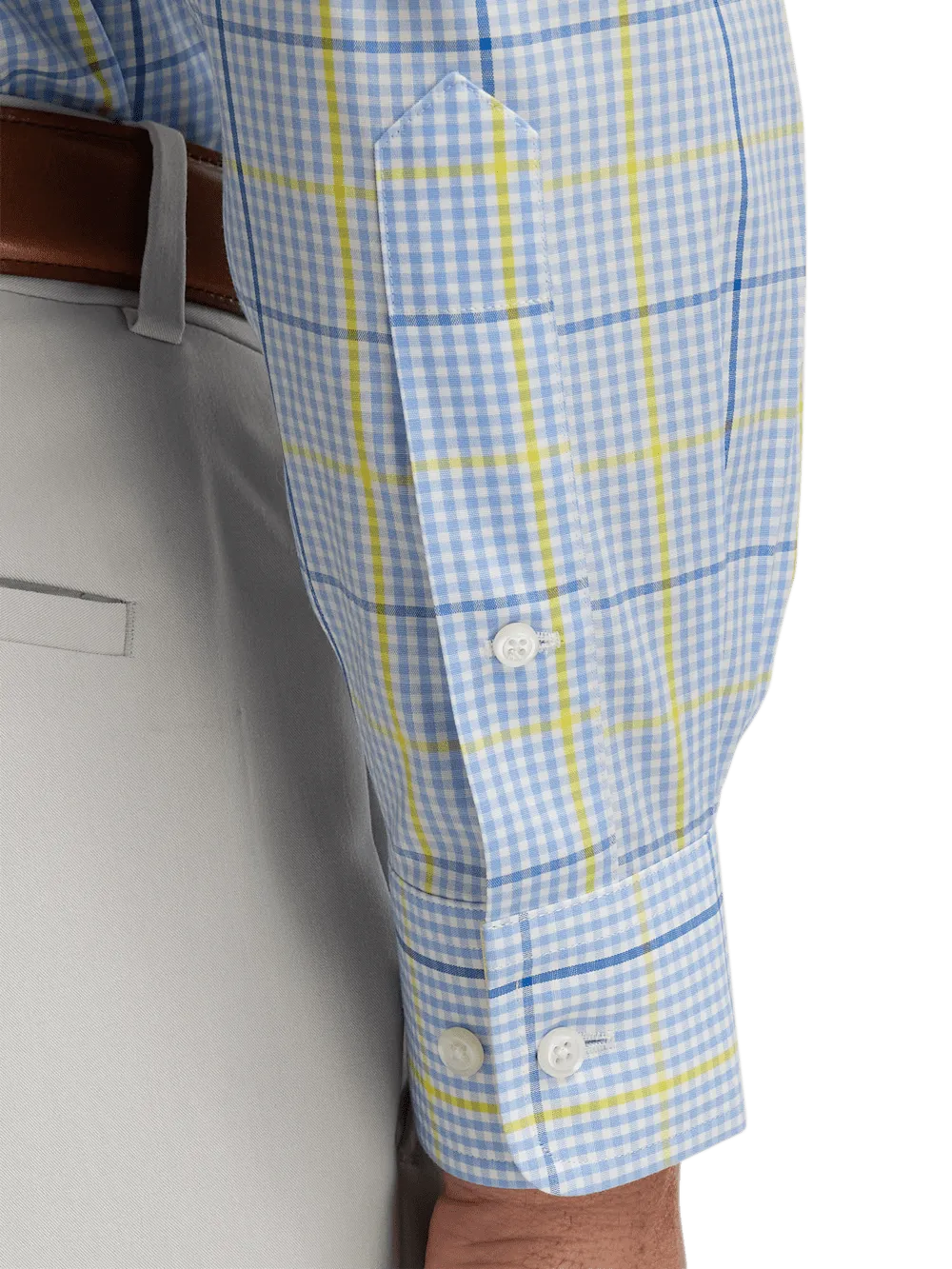 Comfort Stretch Non-Iron Plaid Dress Shirt With Contrast Trim - Blue/yellow