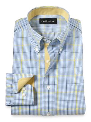Comfort Stretch Non-Iron Plaid Dress Shirt With Contrast Trim - Blue/yellow