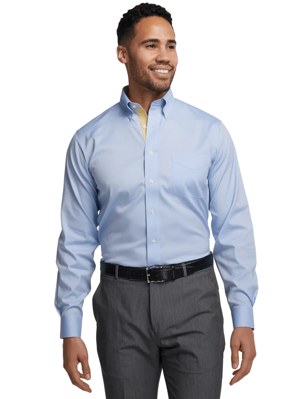 Comfort Stretch Non-Iron Solid Dress Shirt With Contrast Trim - Blue/yellow