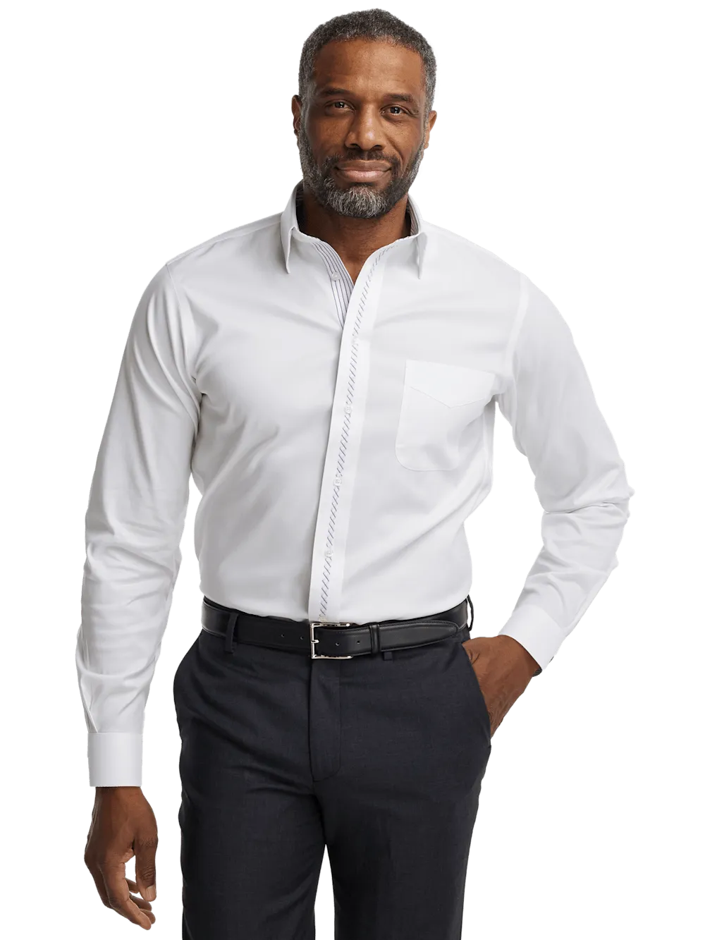 Comfort Stretch Non-Iron Solid Dress Shirt With Contrast Trim - White