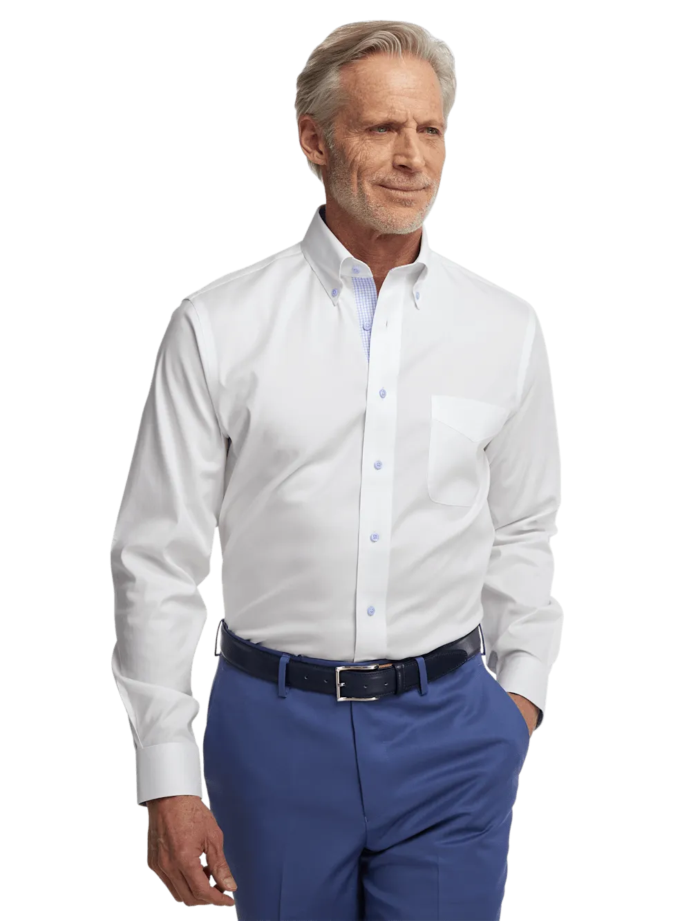 Comfort Stretch Non-Iron Solid Dress Shirt With Contrast Trim - White