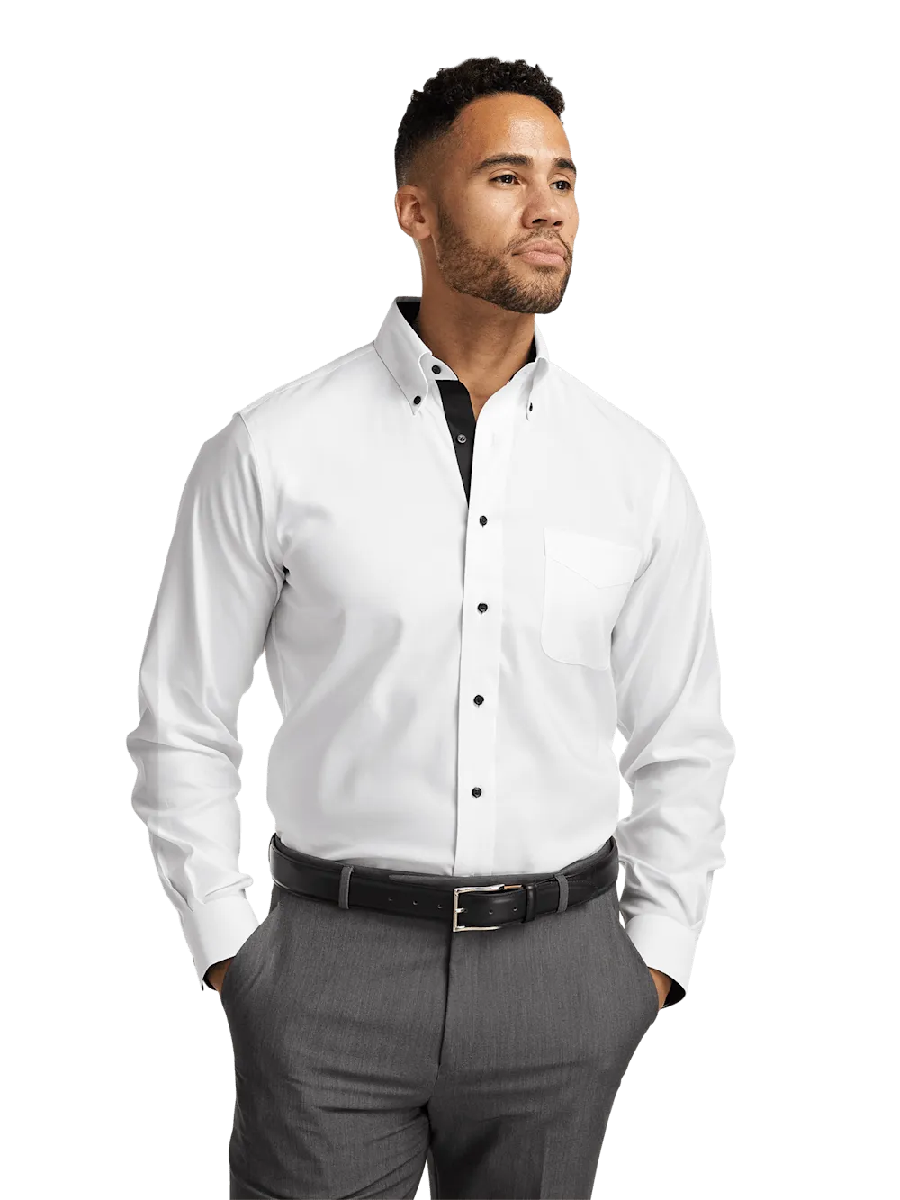 Comfort Stretch Non-Iron Solid Dress Shirt With Contrast Trim - White/black