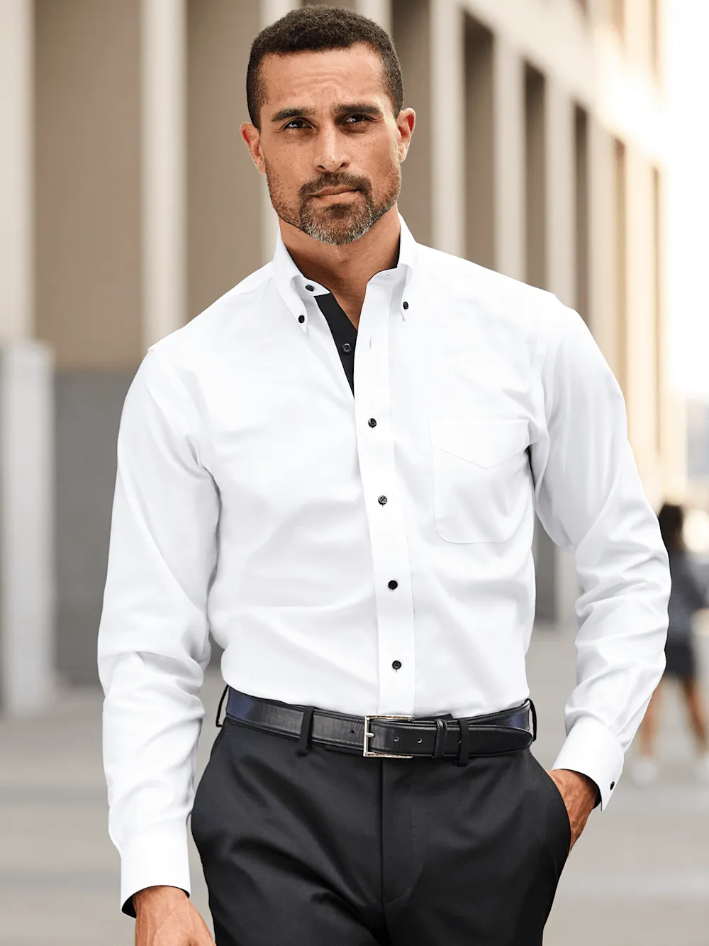 Comfort Stretch Non-Iron Solid Dress Shirt With Contrast Trim - White/black