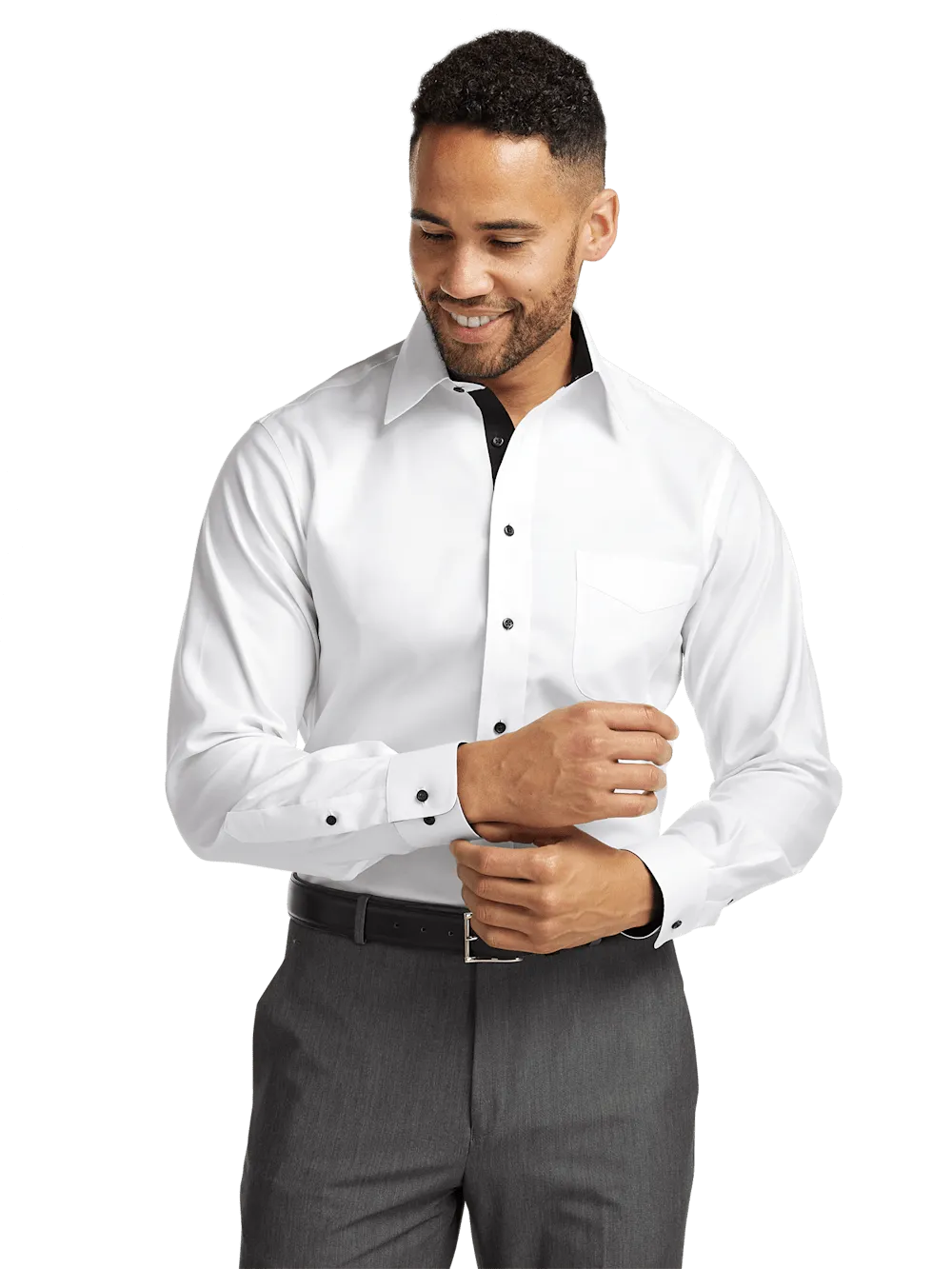 Comfort Stretch Non-Iron Solid Dress Shirt With Contrast Trim - White/black