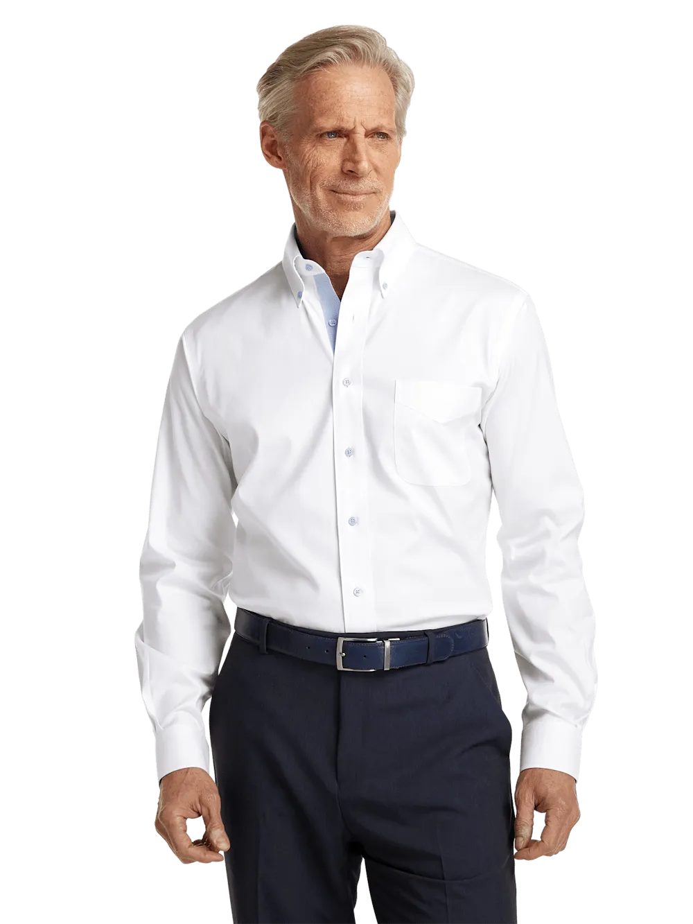 Comfort Stretch Non-Iron Solid Dress Shirt With Contrast Trim - White/blue