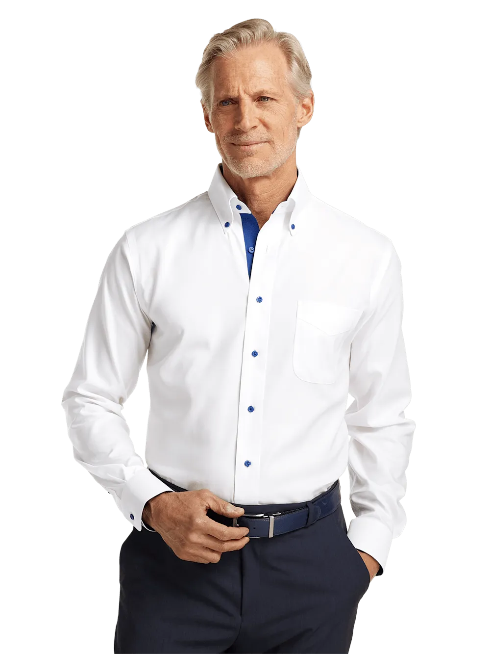 Comfort Stretch Non-Iron Solid Dress Shirt With Contrast Trim - White/cobalt