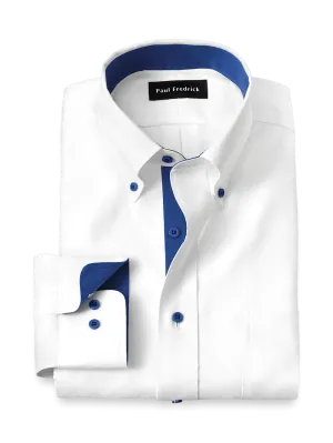 Comfort Stretch Non-Iron Solid Dress Shirt With Contrast Trim - White/cobalt