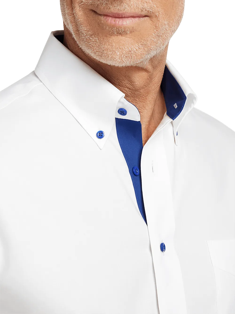 Comfort Stretch Non-Iron Solid Dress Shirt With Contrast Trim - White/cobalt