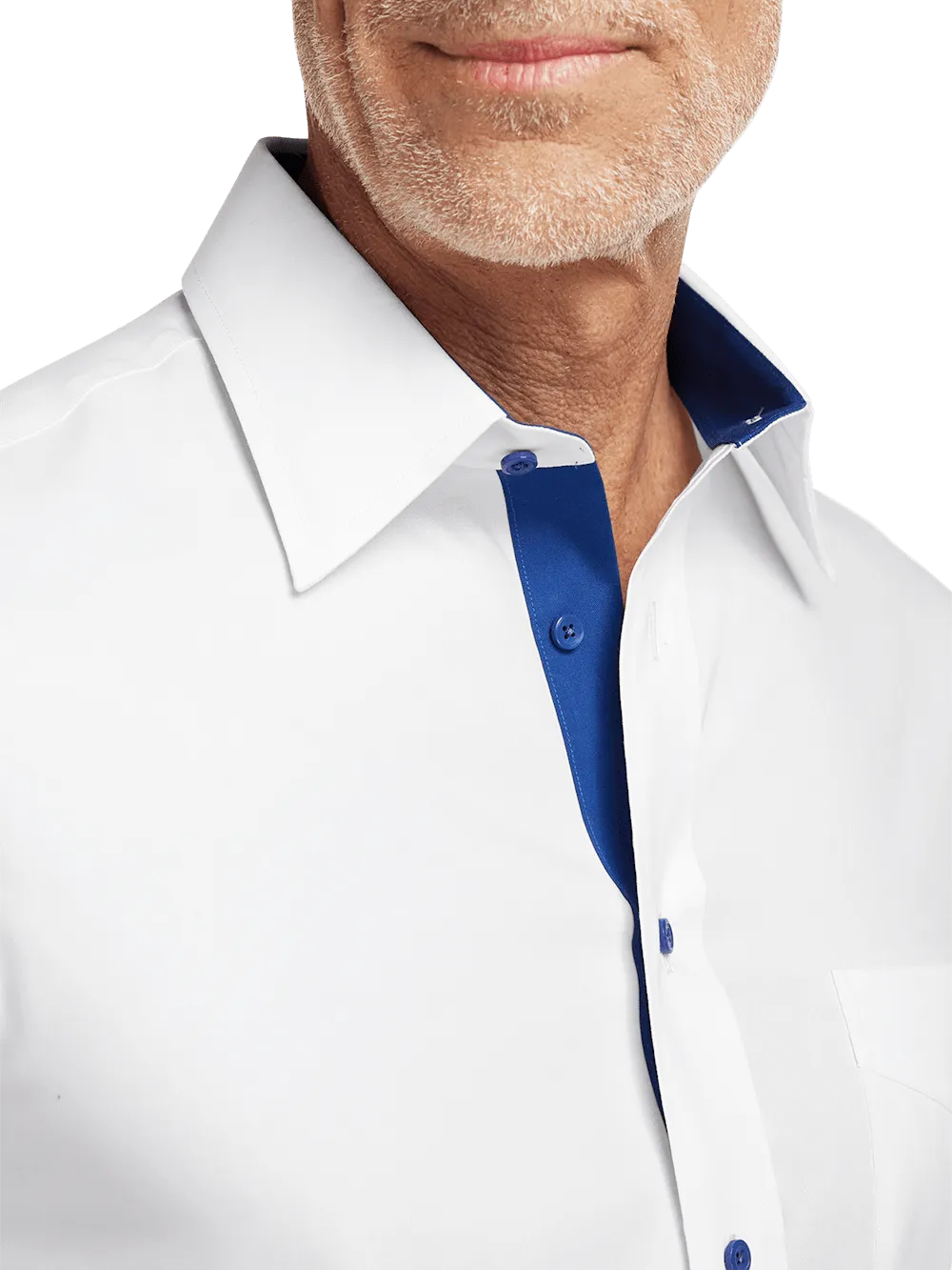Comfort Stretch Non-Iron Solid Dress Shirt With Contrast Trim - White/cobalt