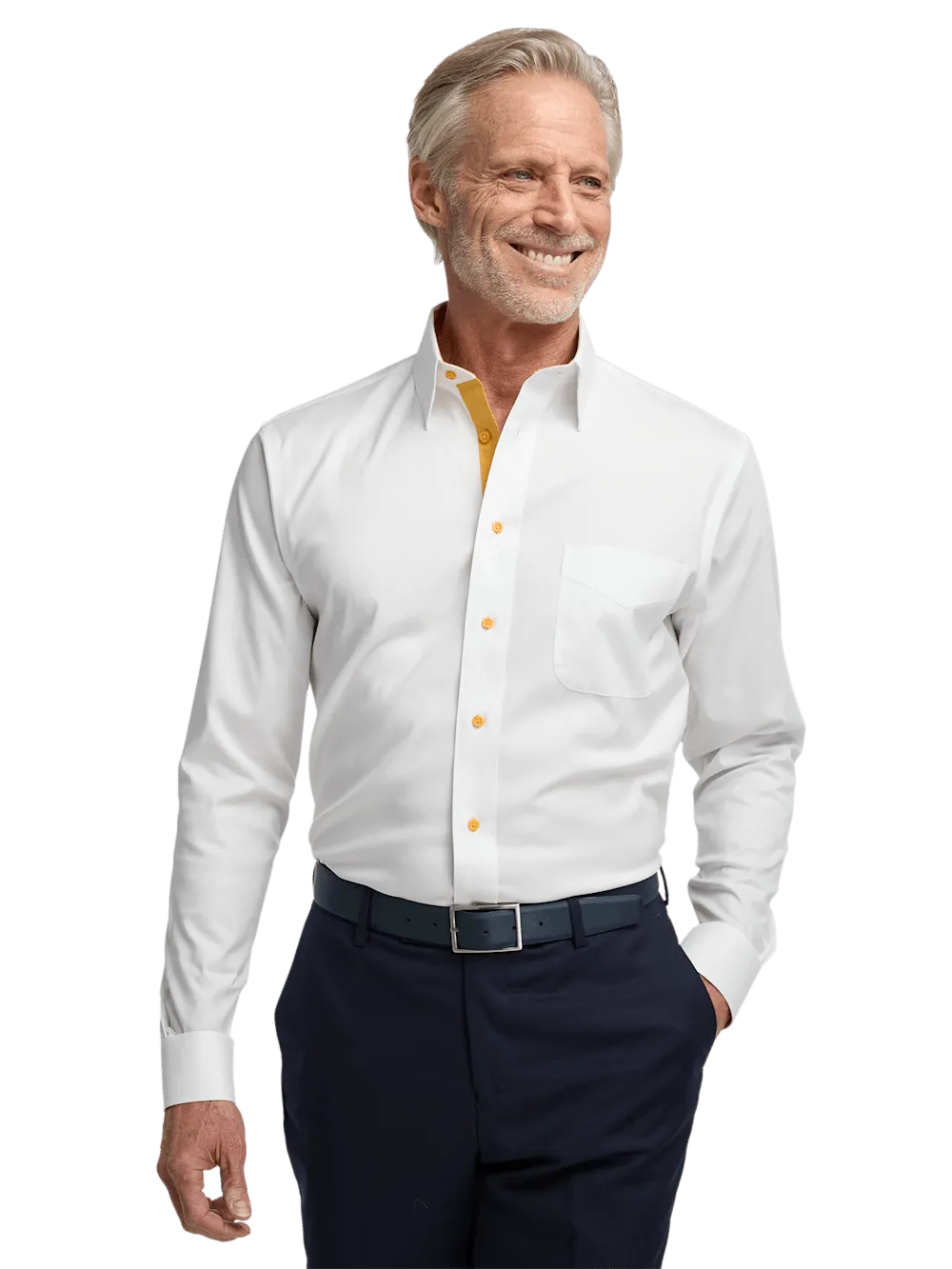 Comfort Stretch Non-Iron Solid Dress Shirt With Contrast Trim - White/gold