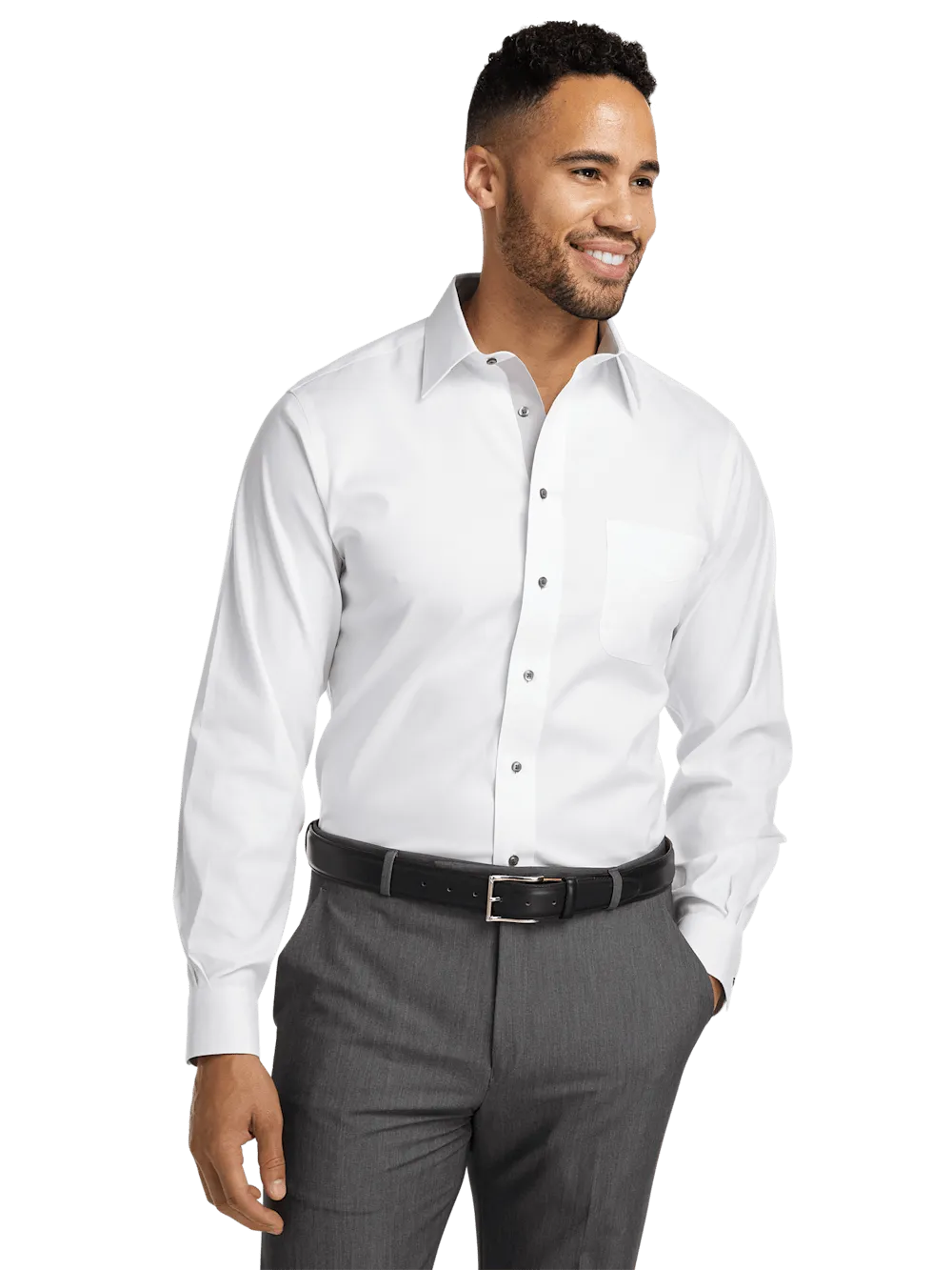 Comfort Stretch Non-Iron Solid Dress Shirt With Contrast Trim - White/grey
