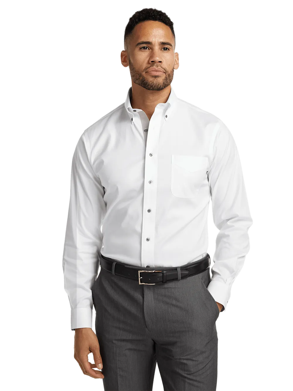 Comfort Stretch Non-Iron Solid Dress Shirt With Contrast Trim - White/grey