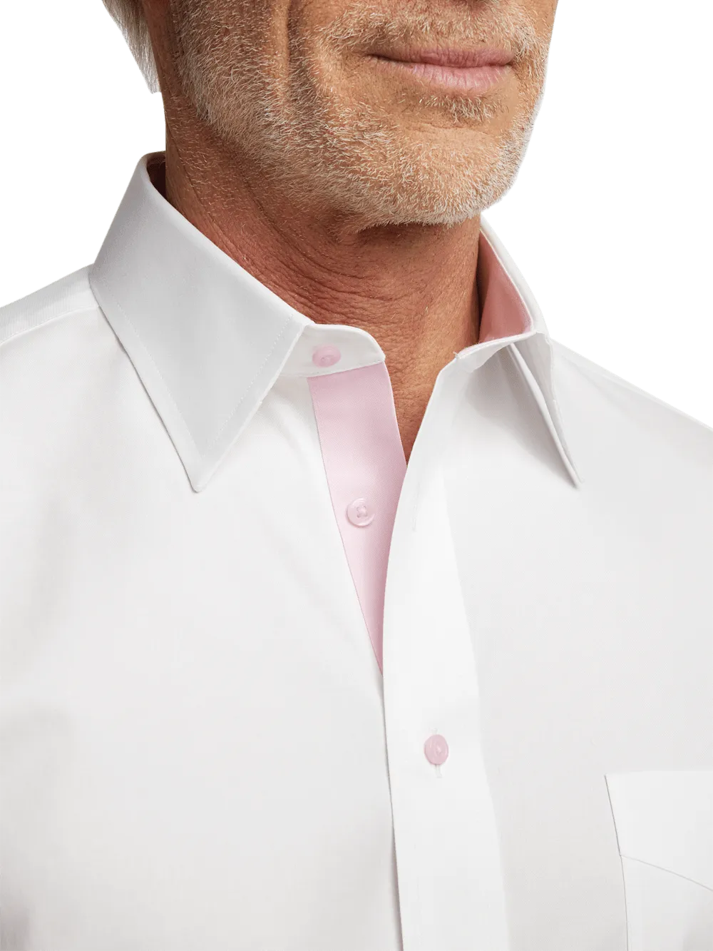 Comfort Stretch Non-Iron Solid Dress Shirt With Contrast Trim - White/pink